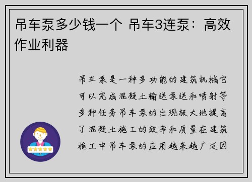 吊车泵多少钱一个 吊车3连泵：高效作业利器