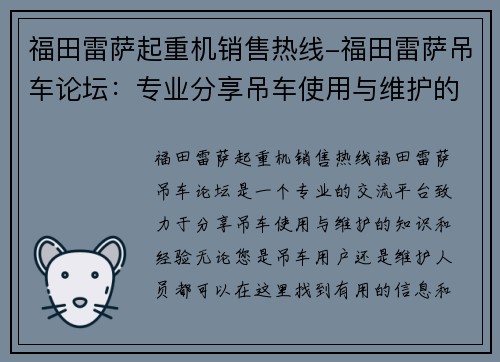 福田雷萨起重机销售热线-福田雷萨吊车论坛：专业分享吊车使用与维护的交流平台